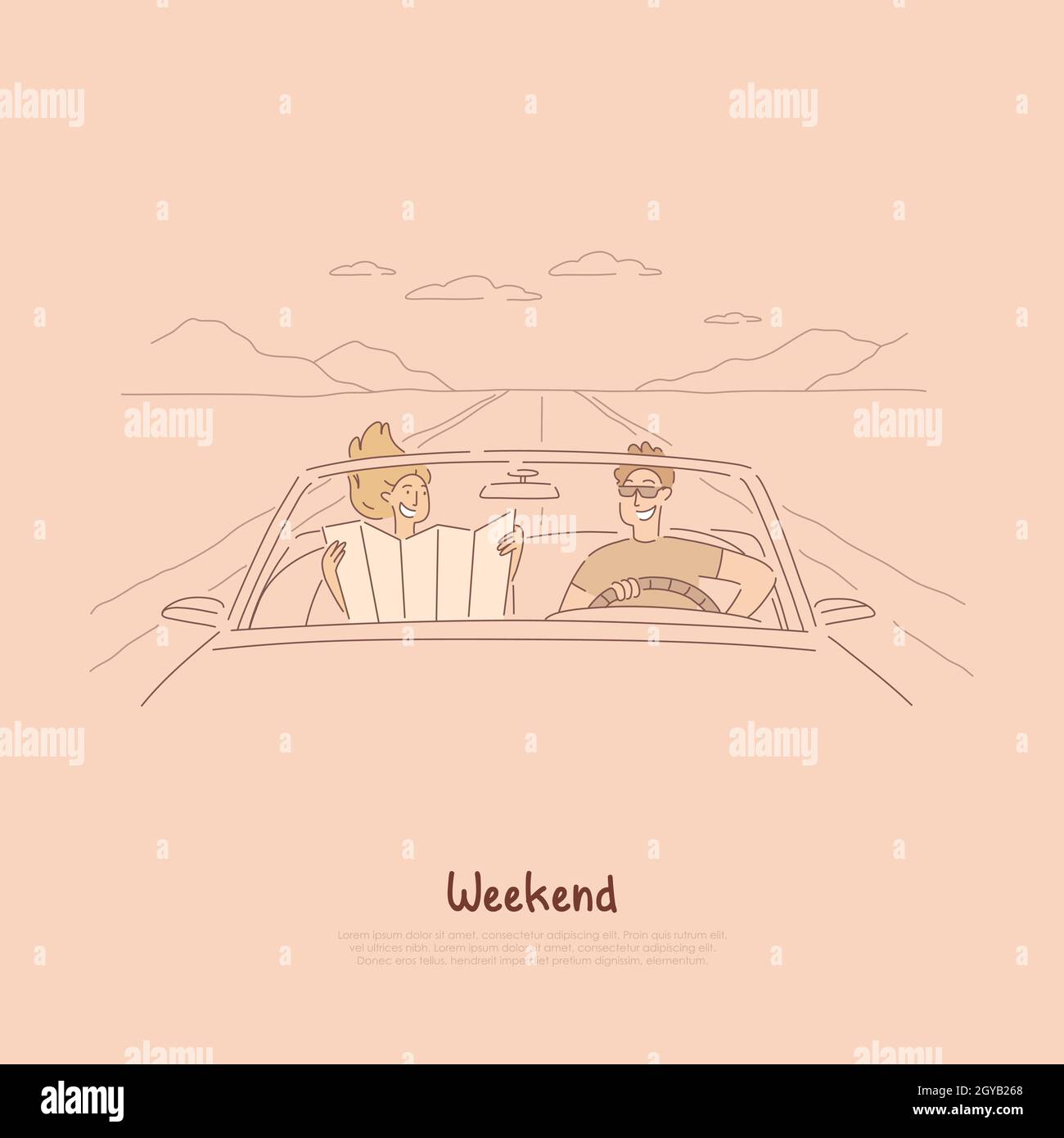 Voyager Ensemble En Voiture Couple En Voyage Sur Route Regardant La Carte Pour Trouver Le Chemin Vacances D Ete Vacances En Banniere Cabriolet Animation De Week End Con Photo Stock Alamy