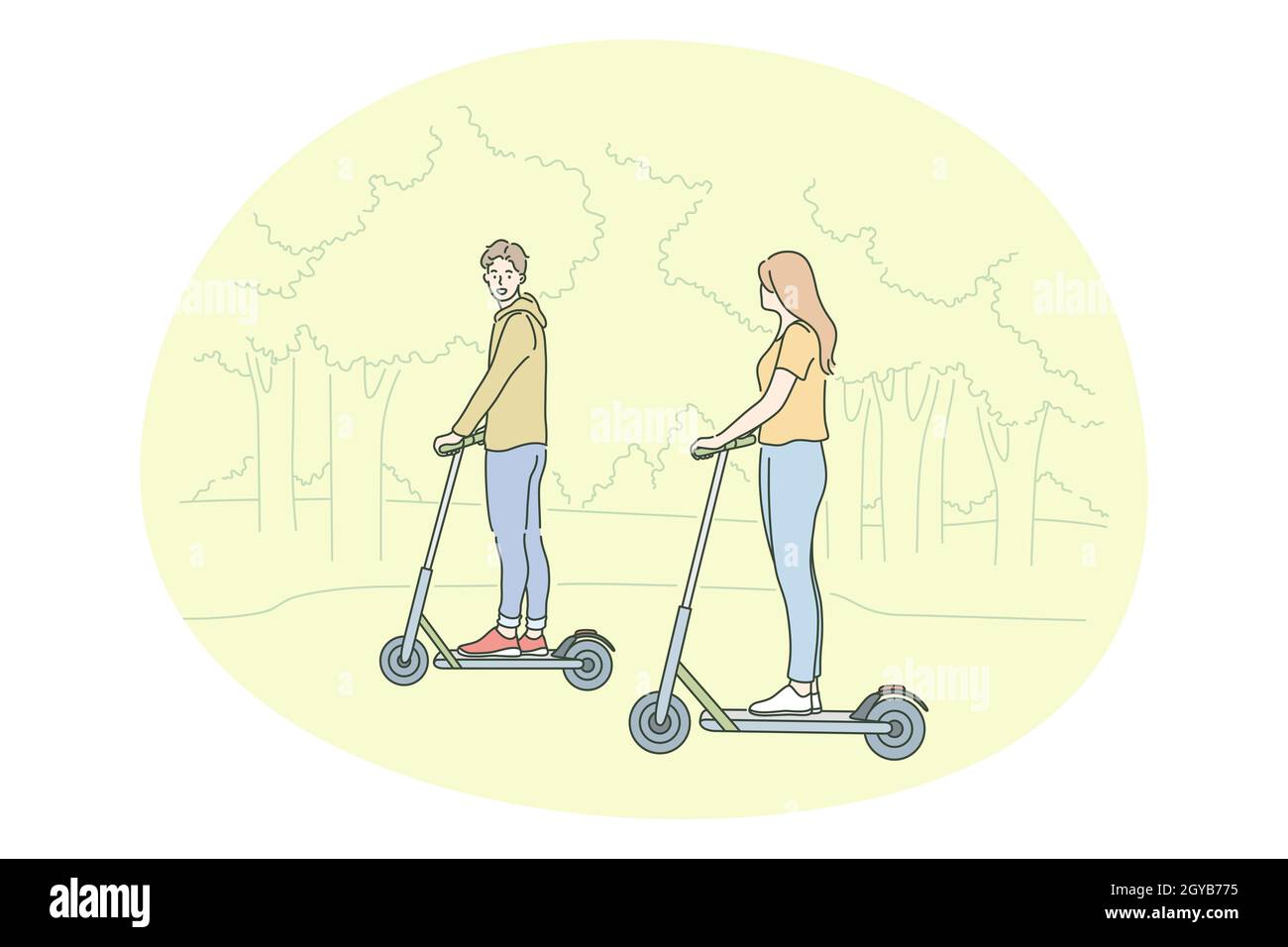 Mode de vie actif sain, sport, loisir concept de passe-temps.Jeune couple heureux appréciant de conduire des scooters ensemble dans le parc sur l'illustration d'été.Climatisation familiale Banque D'Images