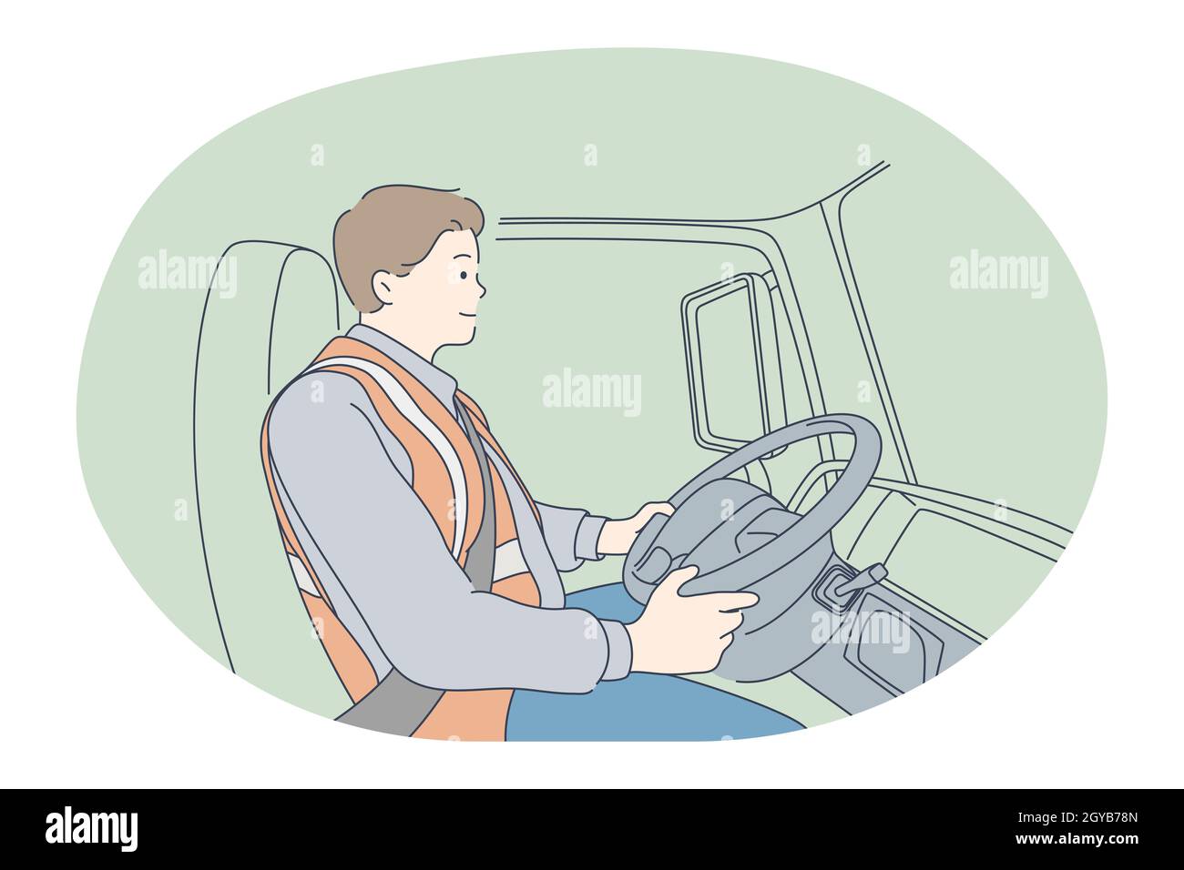 Travail, carrière, travail comme conducteur dans le concept de transport de purlin. Jeune homme souriant professionnel conducteur personnage de dessin animé en uniforme de conduite de bus ou de camion. J Banque D'Images