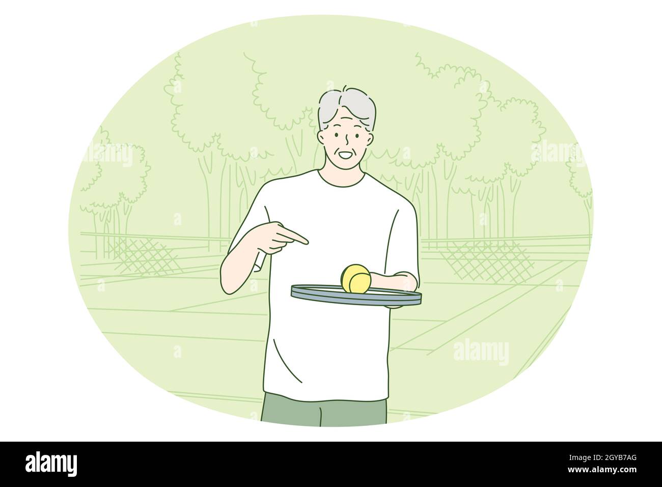 Sport, mode de vie actif sain, concept de loisir.Personnage de dessin animé homme souriant senior jouant au tennis dans le parc sur l'illustration estivale.R Banque D'Images