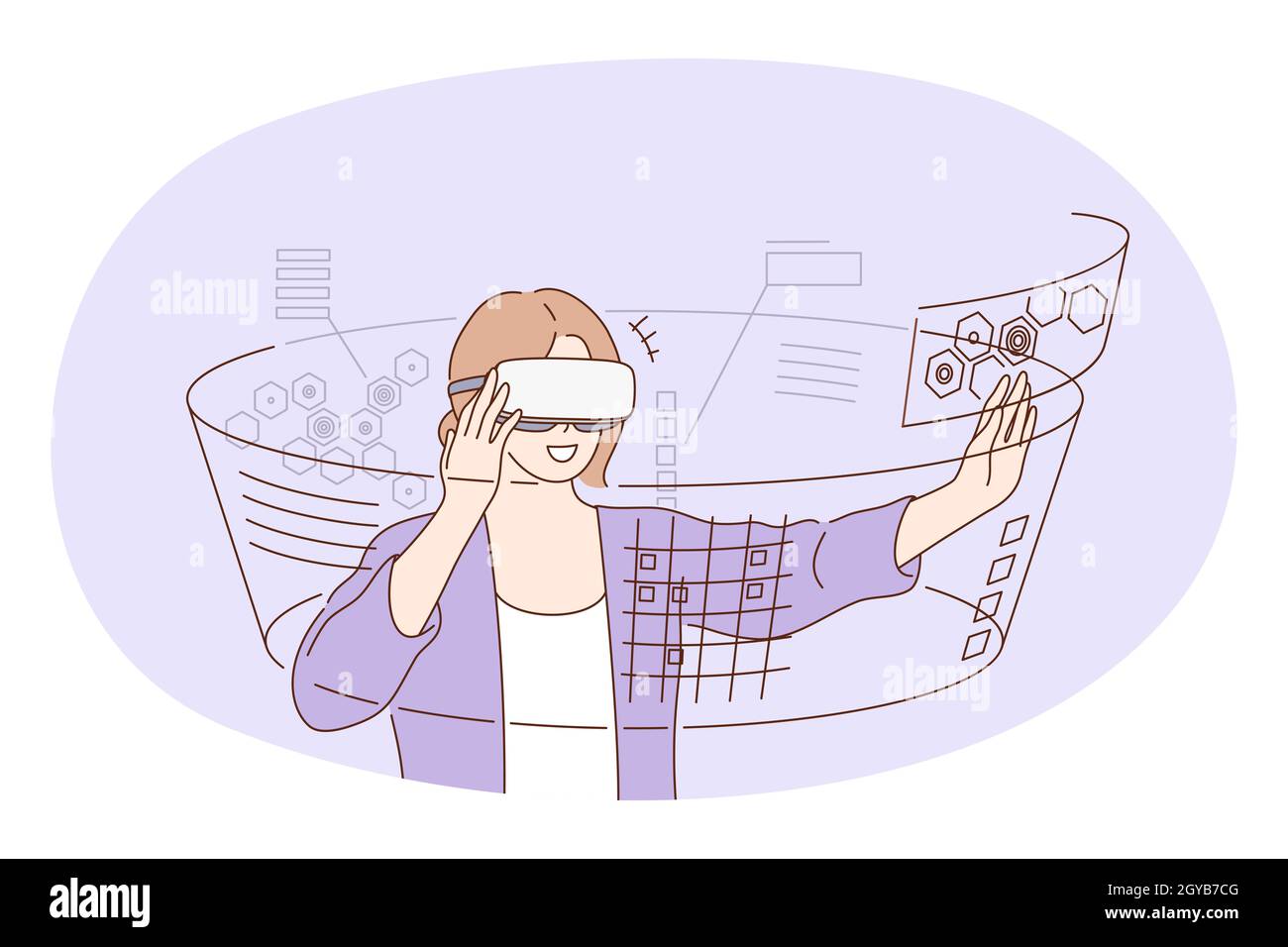 Réalité virtuelle, concept futuriste de technologies innovantes.Jeune femme  souriante personnage de dessin animé en 3d lunettes masque debout et  touchant parallèle r Photo Stock - Alamy