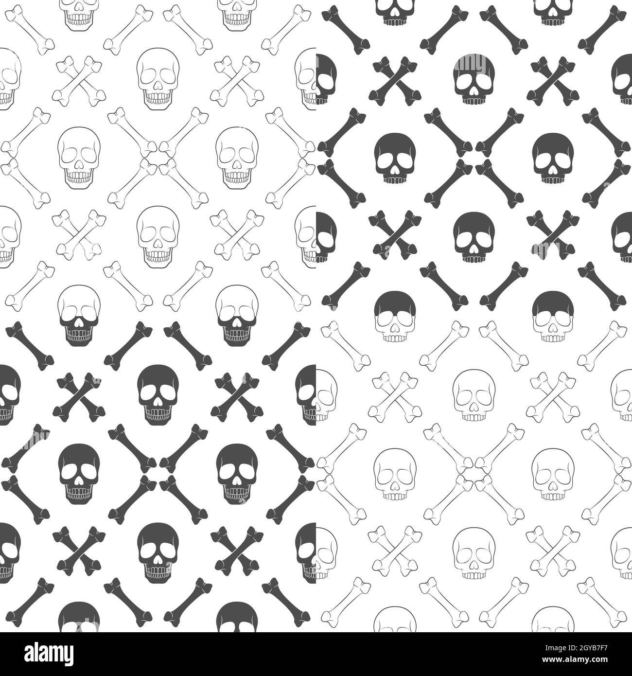 Ensemble de motifs sans couture avec crâne et os.Arrière-plans vectoriels noir et blanc. Illustration de Vecteur