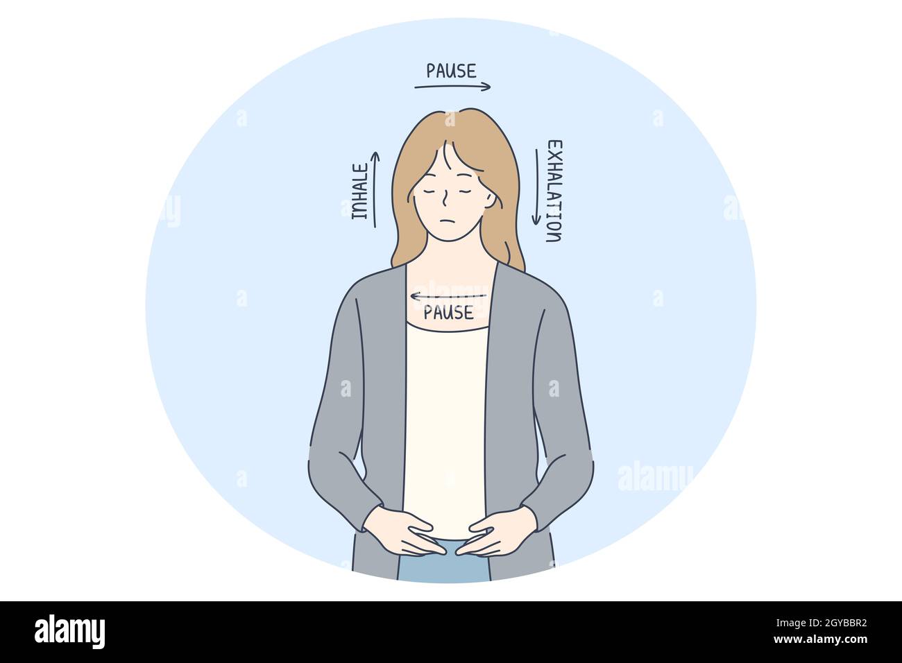 Concept stress, overwork, Breathe. Jeune femme avec les yeux fermés sentir le stress et la lecture en quatre étapes pour l'inspiration, la pause, l'expiration et la pause aga Banque D'Images