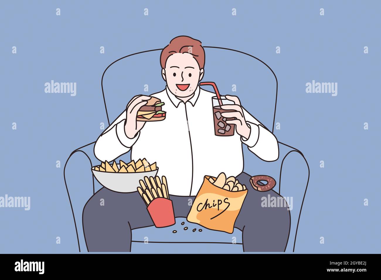 Concept d'excès de poids et de mauvaise alimentation.Jeune homme souriant personnage de dessin animé assis dans un fauteuil manger des frites hamburger et boire de la limonade vec Banque D'Images