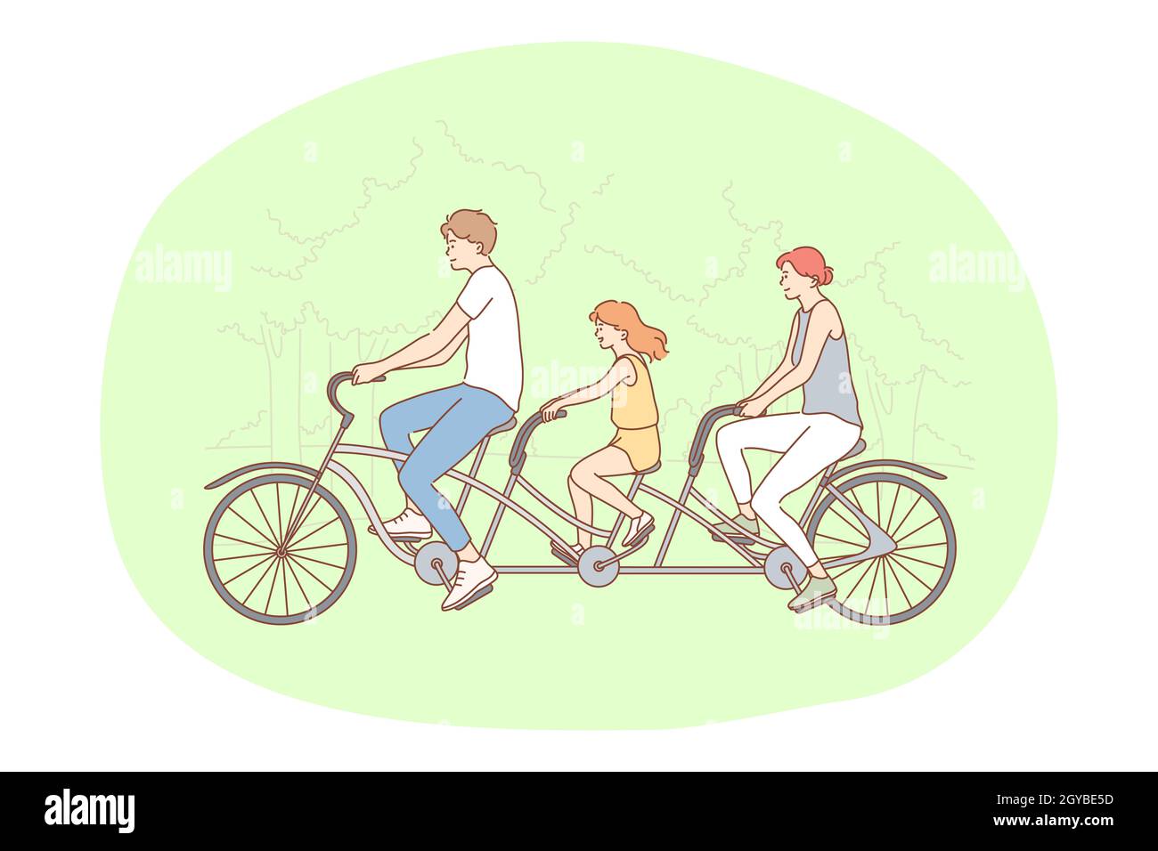 Mode de vie actif sain, sport, loisir concept de passe-temps. Jeune famille heureuse appréciant de faire du vélo ensemble dans le parc sur l'illustration estivale. Loi sur la famille Banque D'Images