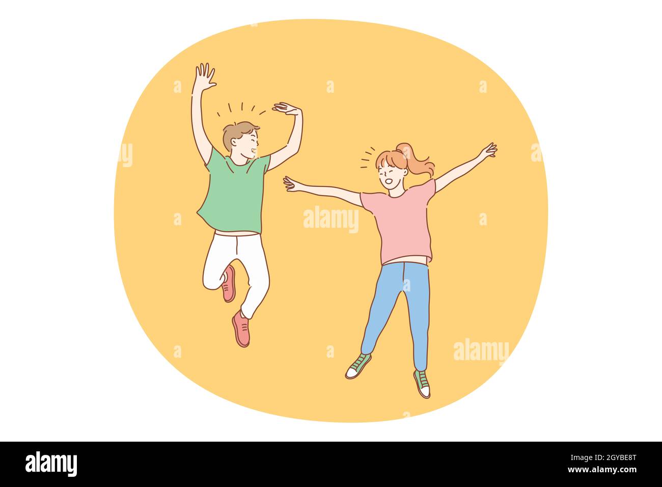 Enfants sautant, enfance, concept amusant. Joyeux garçon et fille frère soeur enfants ou amis sautant ensemble et s'amuser. Loisirs amusants en été ac Banque D'Images