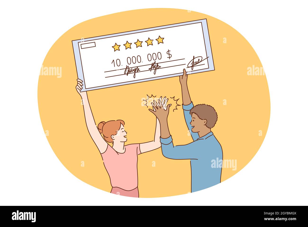 Argent, richesse, concept de jackpot.Jeunes heureux couple personnages de bande dessinée tenant le contrôle de grande quantité d'argent et célébrant la chance de gagner grand prof Banque D'Images