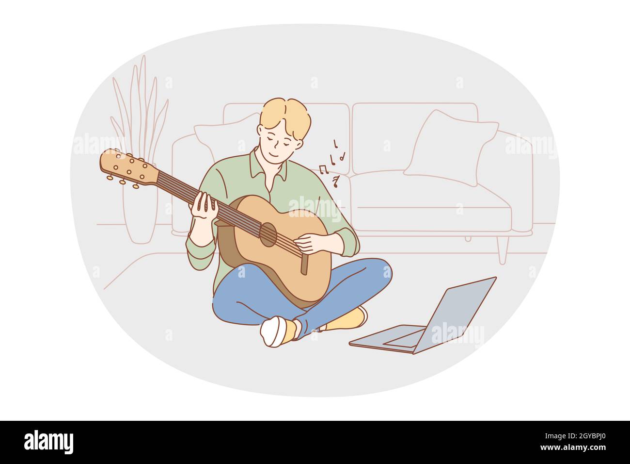 Musique, jouer de la guitare concept. Jeune garçon assis à la maison avec de la guitare et apprenant à jouer en ligne pendant la leçon distante. Festival de musique, mélodie, chanson, Banque D'Images