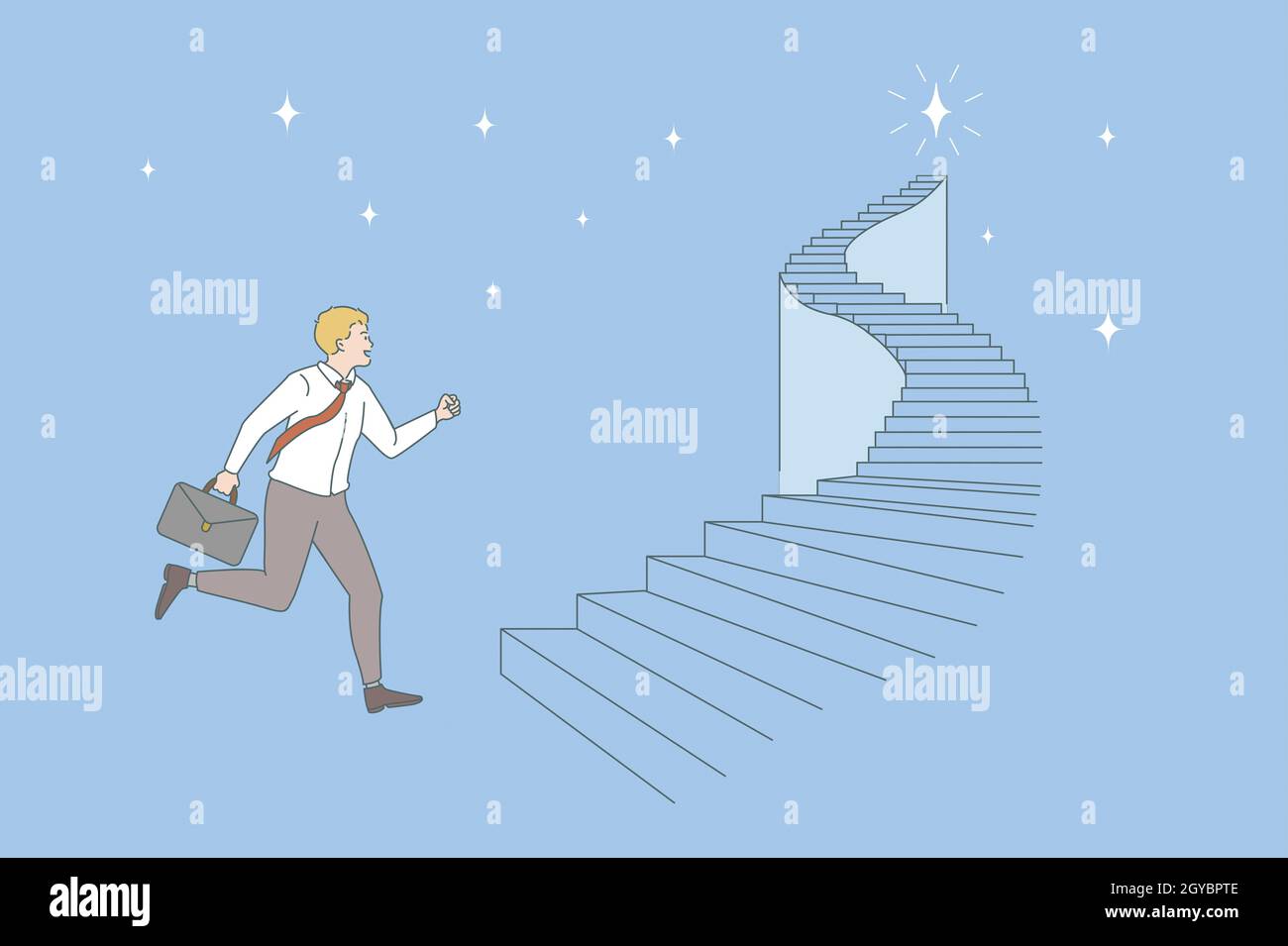 Opportunités et concept de carrière d'entreprise.Jeune homme d'affaires souriant avec costume courir sur l'échelle essayant d'atteindre le top vecteur de réussite de travail d'affaires malade Banque D'Images