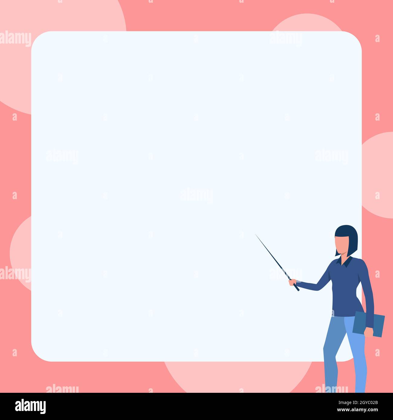 Une dame tient le carnet tout en pointant le bâton dans un tableau blanc vierge. Banque D'Images