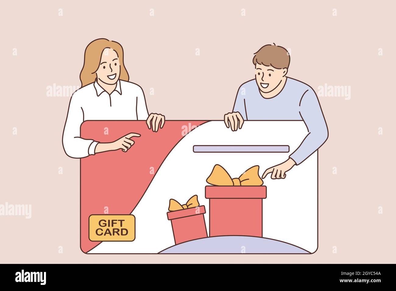 Concept de bonus carte cadeau client.Joyeux couple de personnes personnages de dessin animé se sentant heureux au sujet de carte de réduction, coupon ou bon pendant le promonti Banque D'Images
