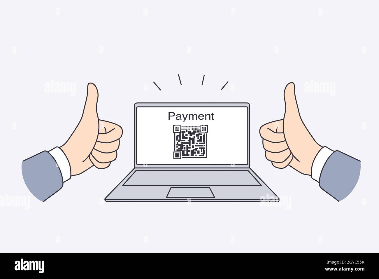 Paiement électronique avec code qr.Mains de l'homme montrant le pouce vers le haut signe avec paiement électronique et code qr pour la transaction sur l'écran d'ordinateur portable vect Banque D'Images