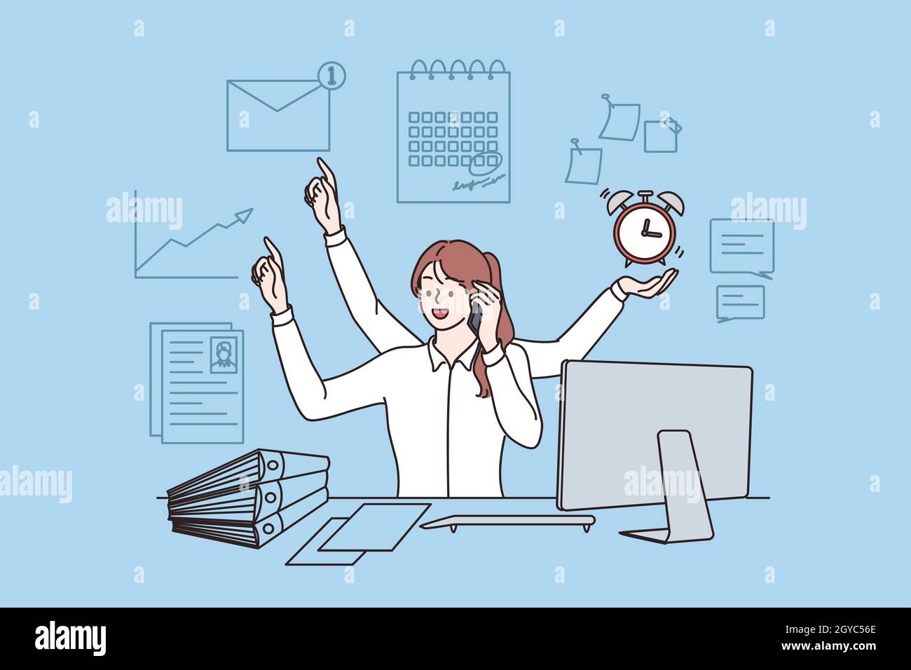 Efficacité des employés et concept multitâche.Jeune femme travailleur assis au bureau ayant une journée productive.Qualité et rapidité, vecto d'optimisation du travail Banque D'Images