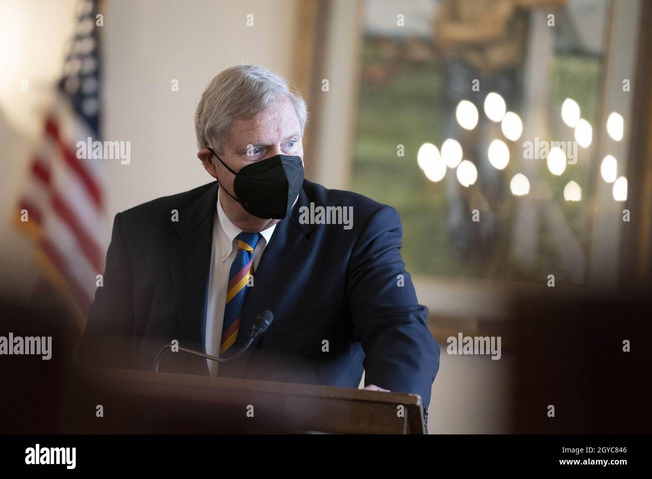 Washington, États-Unis.07e octobre 2021.Le secrétaire à l'Agriculture Tom Vilsack prend la parole lors d'une conférence de presse à la suite d'une audience du Comité de l'agriculture de la Chambre à Capitol Hill à Washington, DC, le jeudi 7 octobre 2021.Photo de Sarah Silbiger/UPI crédit: UPI/Alay Live News Banque D'Images