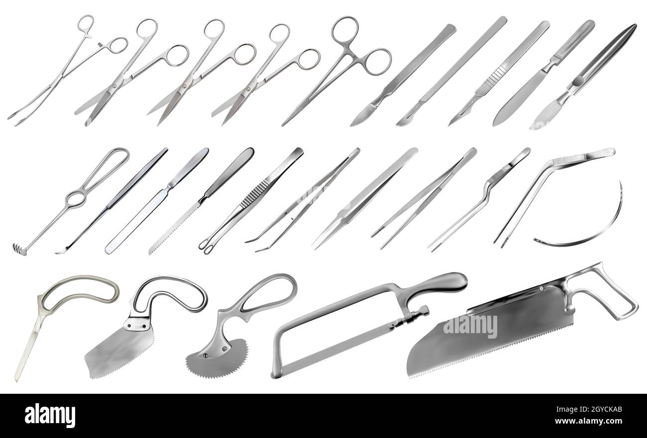 Kit d'instruments chirurgicaux.Brucelles, scalpels, scies pour plâtre et os, couteaux pour cerveau, amputation et plâtre, pinces et pinces, crochet, aiguille.Grand Illustration de Vecteur