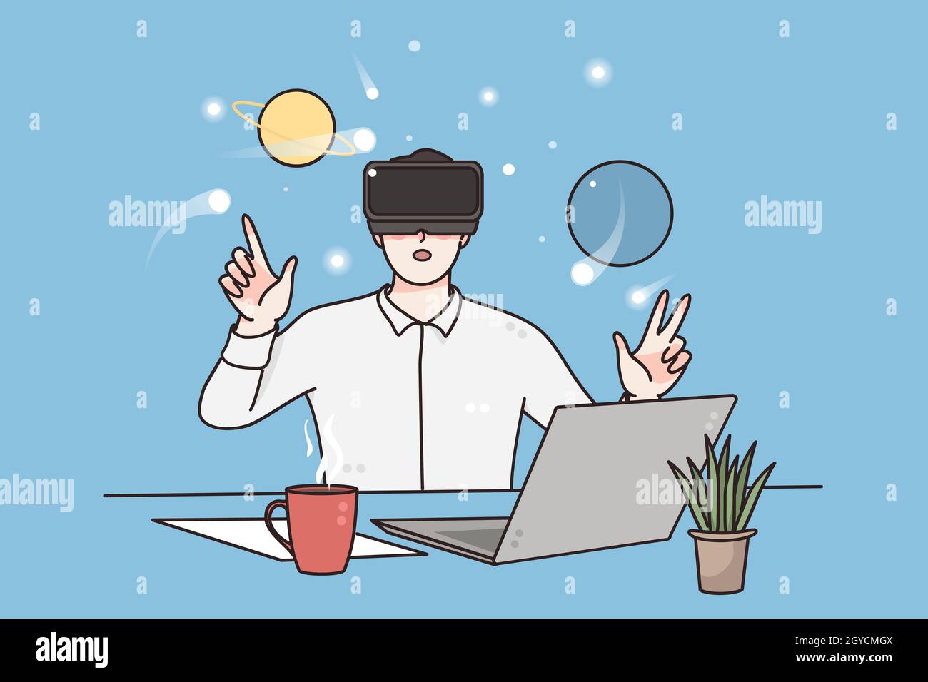 Réalité virtuelle, science et technologie.Jeune homme portant un casque de réalité virtuelle assis et travaillant sur le projet dans la classe d'ordinateur vecteur malade Banque D'Images