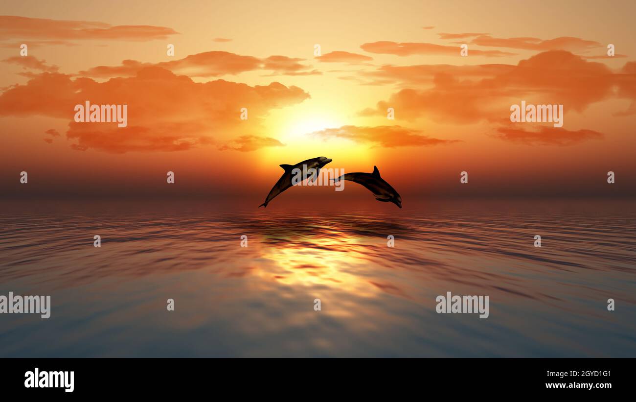 Rendu 3D d'un coucher de soleil sur un océan avec les dauphins sautant Banque D'Images