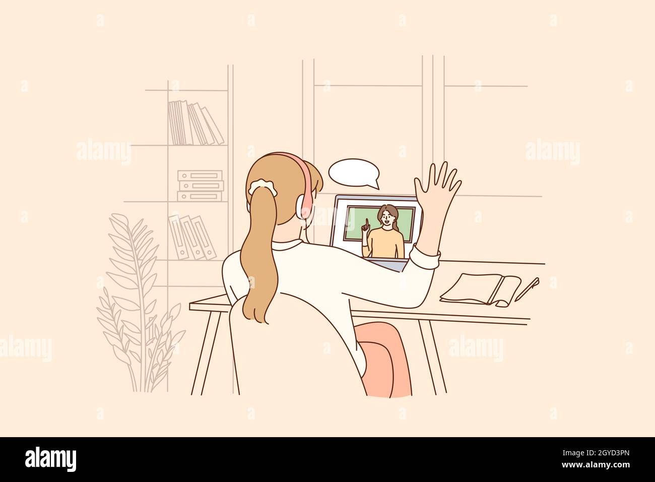 Éducation en ligne, apprentissage à distance pendant la pandémie concept.Homeschool fille étudiante assis en arrière saluant enseignant pendant Internet virtuel en ligne Banque D'Images