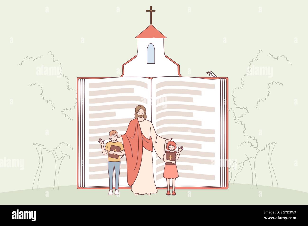 Christianisme, religion, concept de la bible. Énorme livre religieux avec Jésus et les personnages d'enfants agitant leurs mains montrant l'importance de la religion Banque D'Images