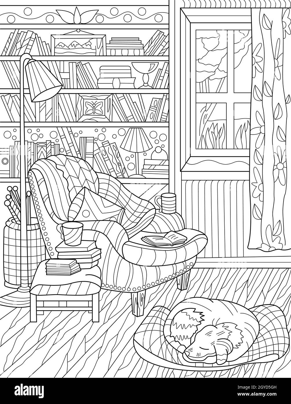 Maison Bibliothèque chaise tablette de livre lampe lumière dessin de ligne de fenêtre. Banque D'Images