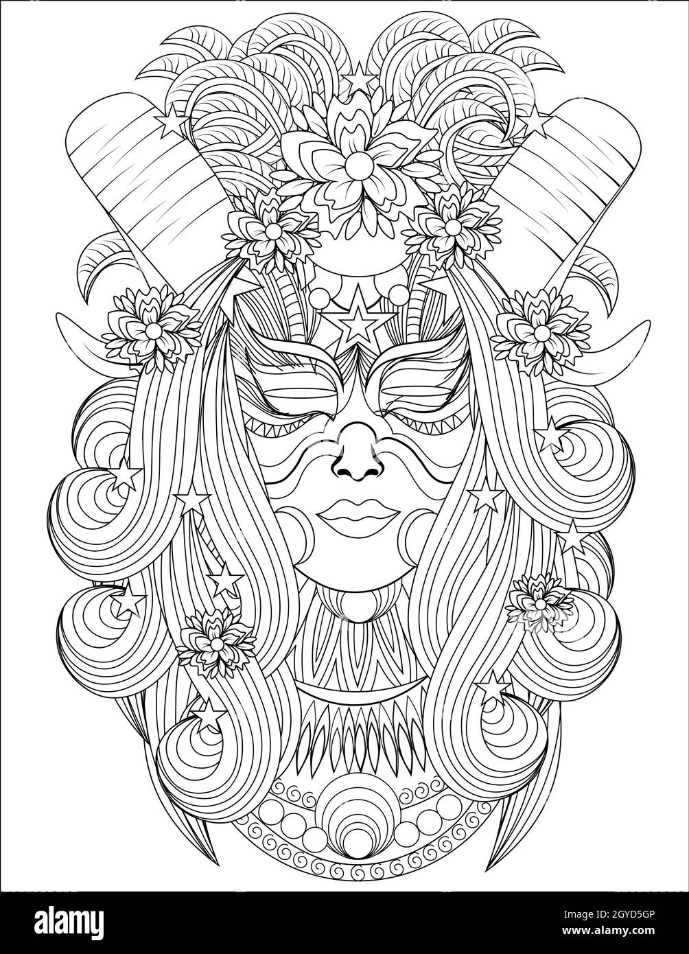 Femme tête avec cornes spiralées cheveux longs vue de face dessin de ligne. Banque D'Images