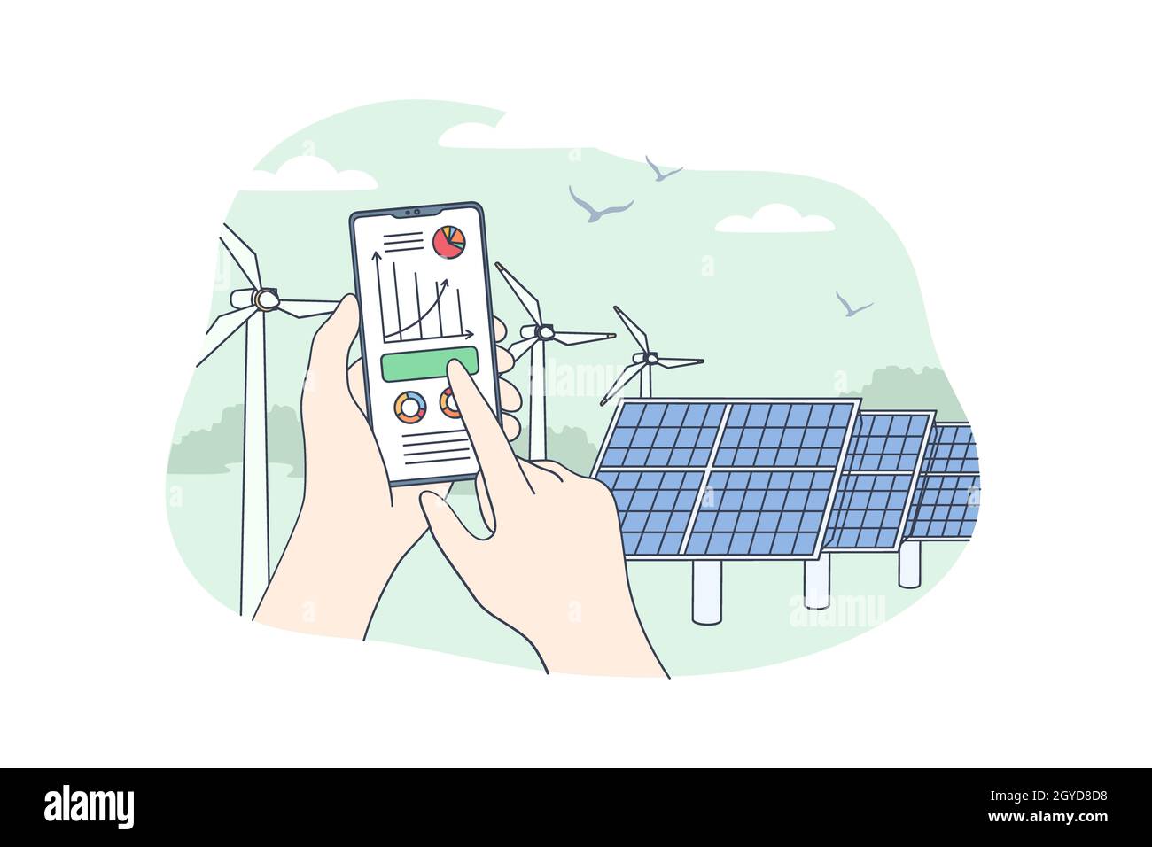 Concept d'énergie renouvelable durable.Mains humaines tenant un smartphone mobile avec application de surveillance de la consommation d'énergie électrique avec un stat de stockage de centrale électrique Banque D'Images
