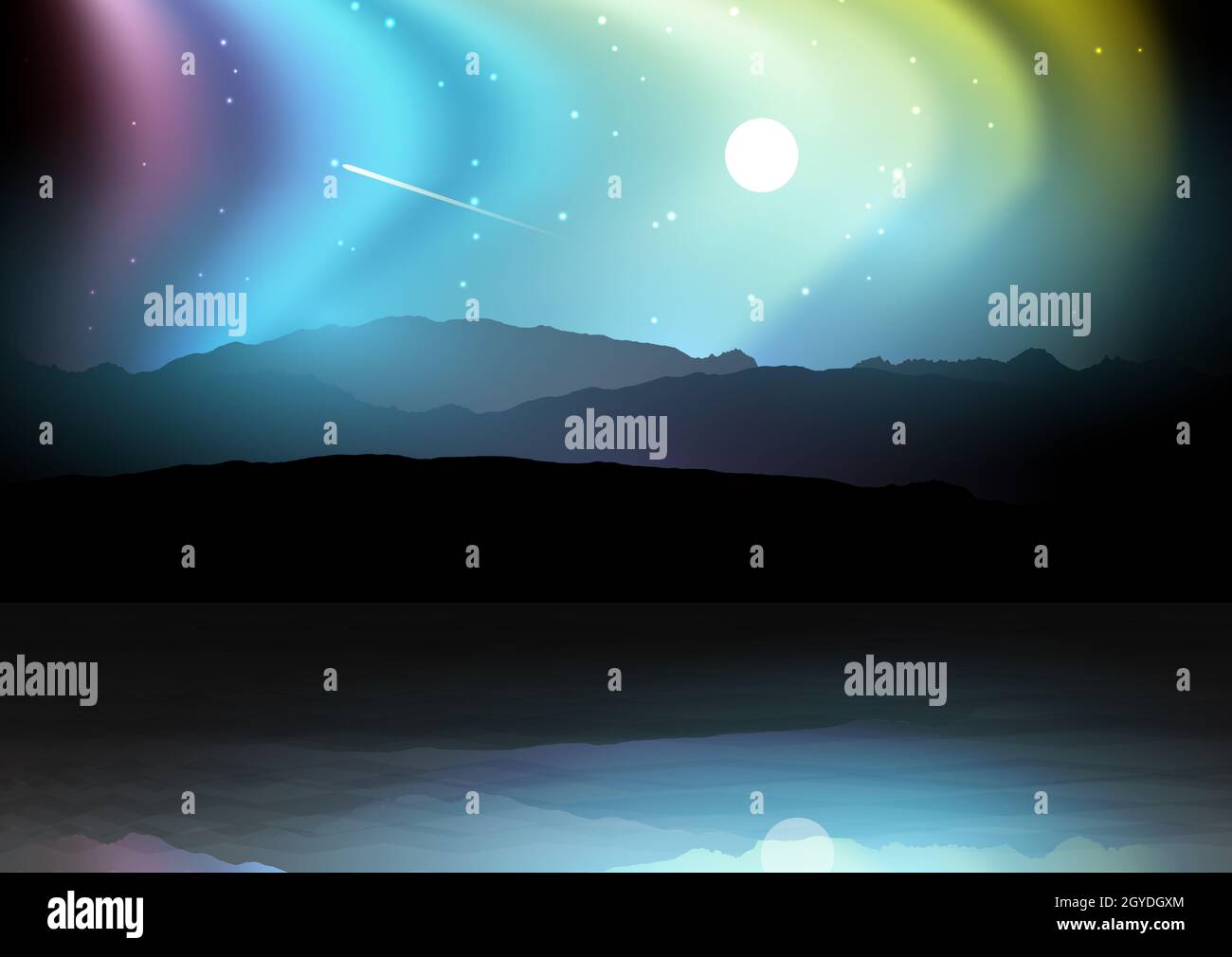 Paysage de nuit avec des silhouettes de montagnes contre un ciel northern lights Banque D'Images