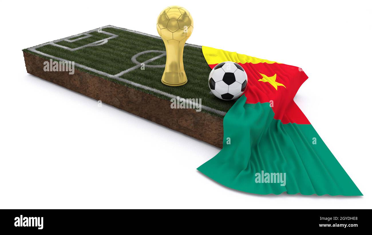 3D Render of Soccer Bal et trophyl on Grass Patch avec drapeau Banque D'Images