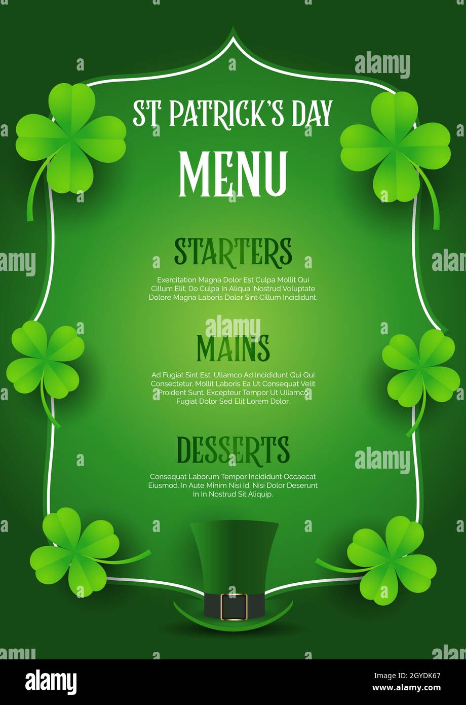Menu de la St Patrick avec chapeau et trèfle Banque D'Images