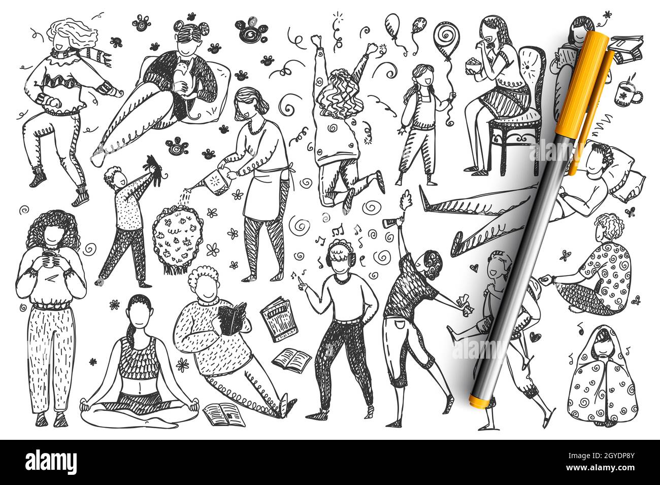 Ensemble de doodle de personnes.Collection d'hommes dessinées à la main femmes personnages célébrant la lecture boire du café écouter de la musique méditant dormir isolé sur W Banque D'Images