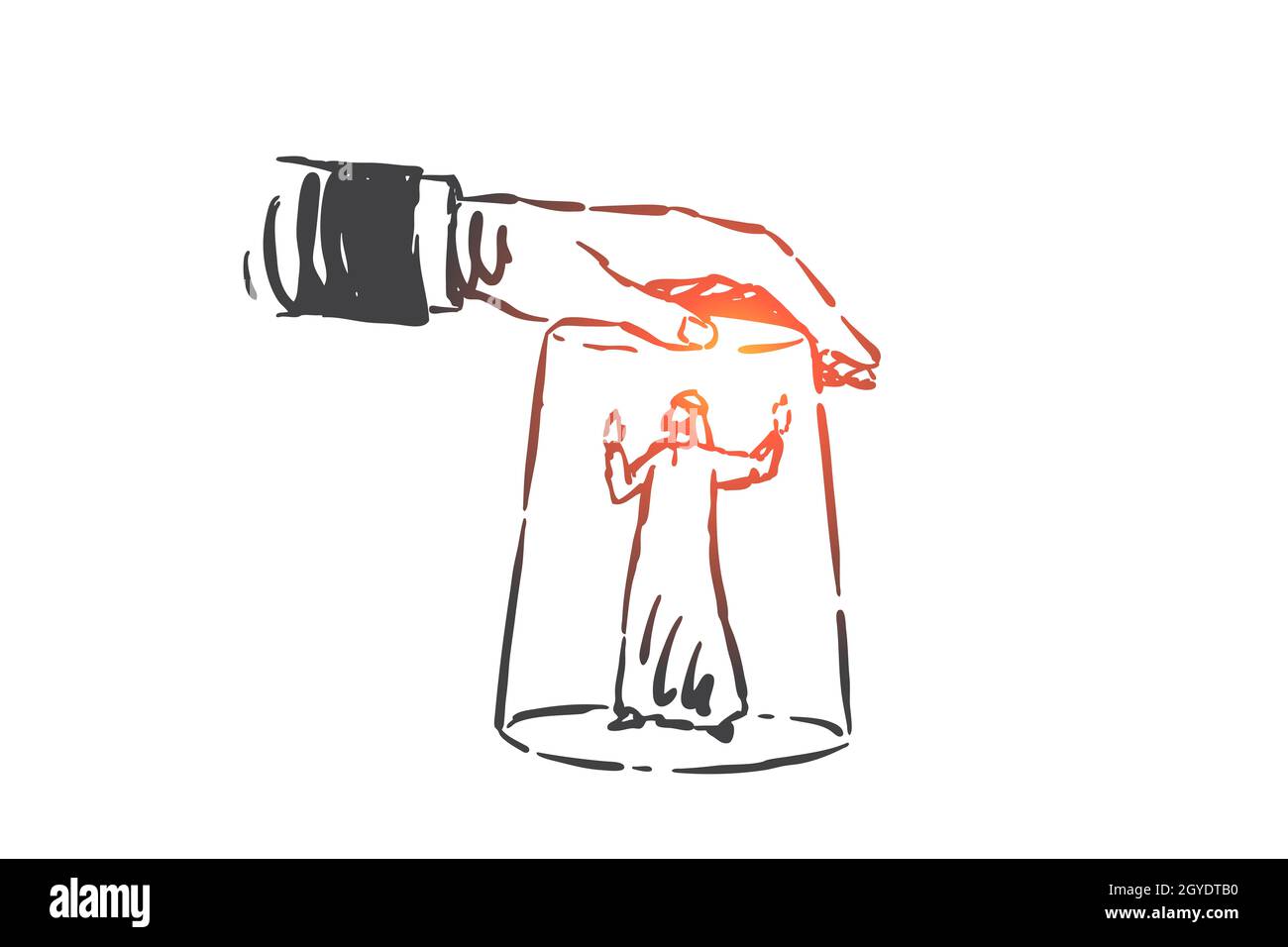 Esquisse de concept de stress, de pression, de harcèlement au travail. Homme d'affaires arabe sous cloche, patron forçant et manipulant employé, travailleur musulman unger verre Banque D'Images