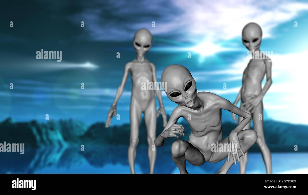 3D render d'un paysage de science-fiction avec des créatures extraterrestres gris Banque D'Images