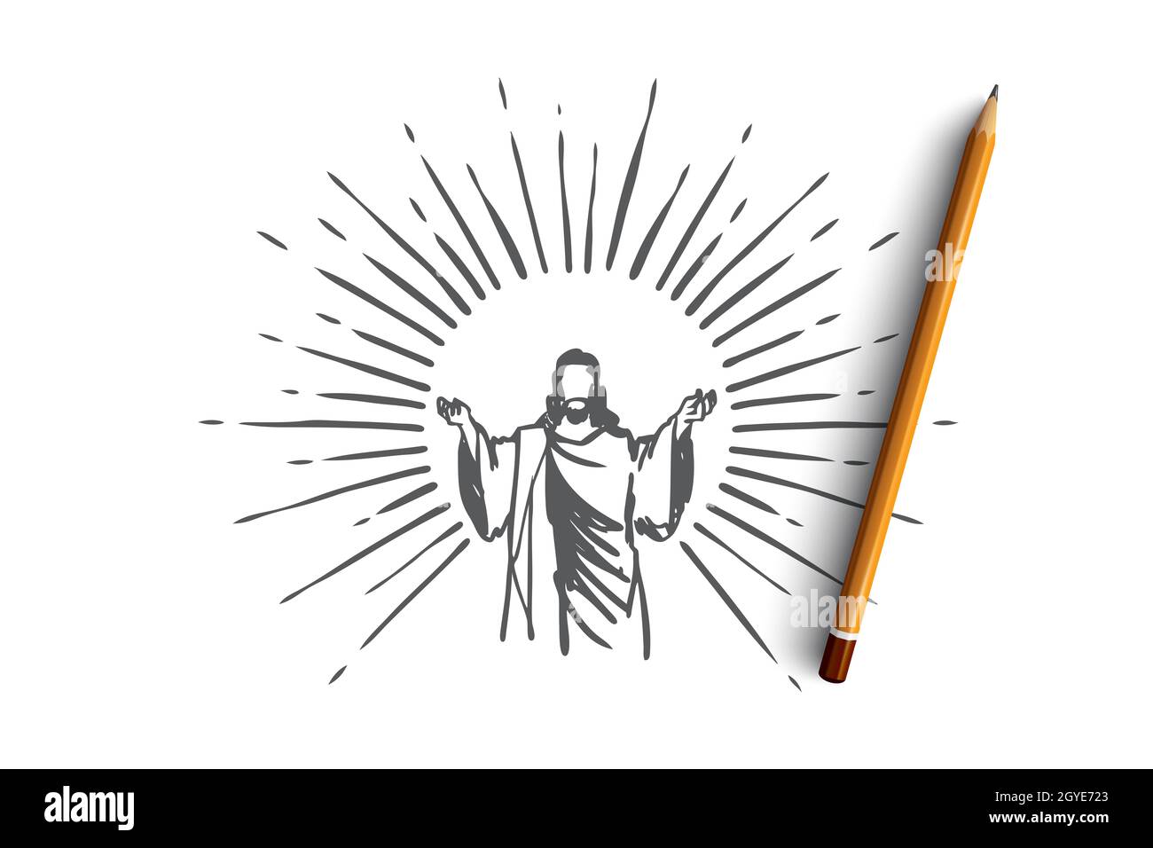 Dieu, Jésus christ, grâce, bon, concept d'ascension. Silhouette dessinée à la main de Jésus-christ, esquisse du concept de fils de dieu. Illustration vectorielle isolée. Banque D'Images