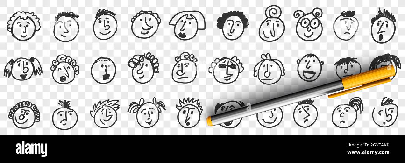 Ensemble de doodle amusant pour enfants. Collection de dessin à la main mignon drôle caricature filles et garçons visages portrait avec positive et négative visage expres Banque D'Images