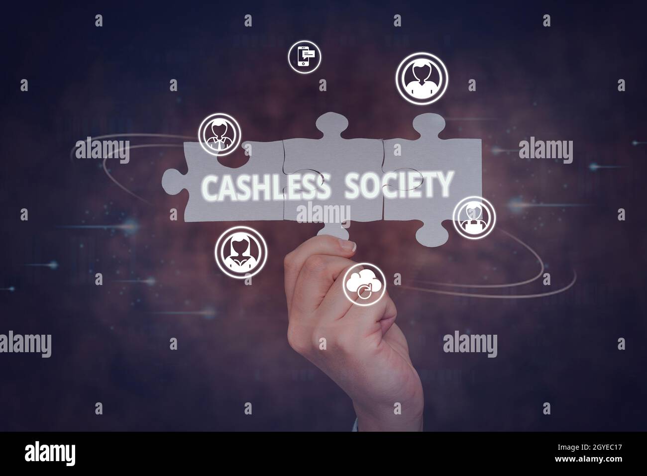 Affiche de texte montrant la société cashless, Word pour les transactions financières sont exécutées en format électronique main tenant Jigsaw Puzzle Piece Unlocking New F Banque D'Images