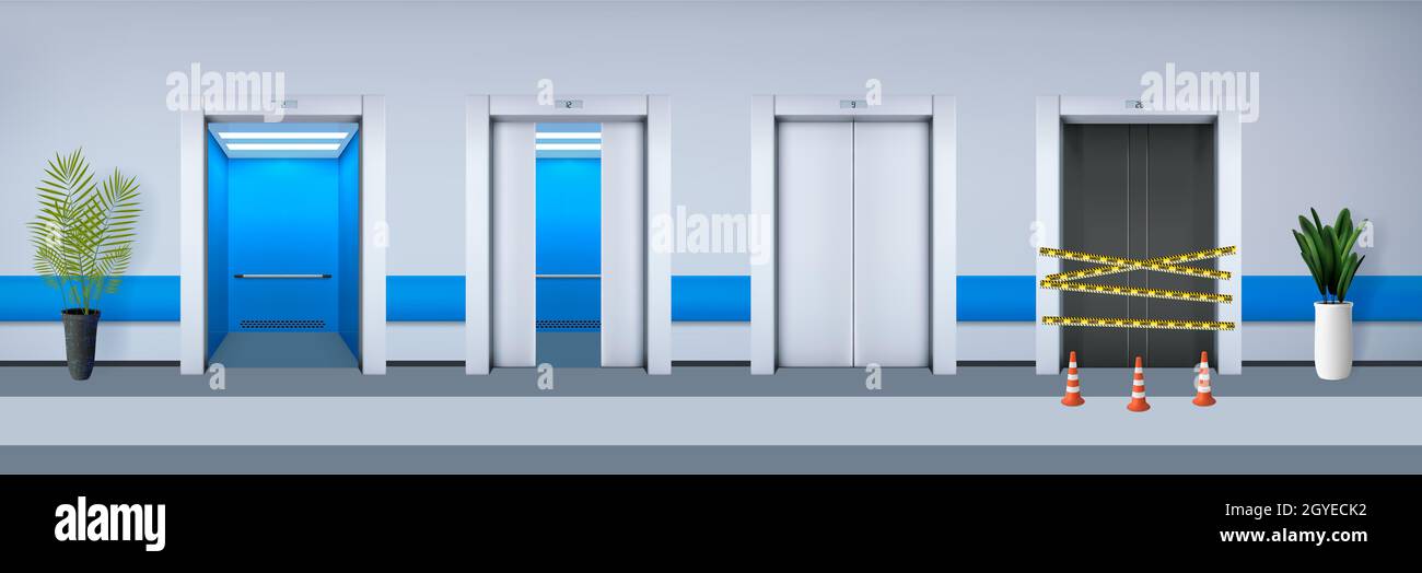 Ascenseurs de bureau réalistes.Illustration du style réaliste dessiné moderne des ascenseurs de passagers ou de cargaison avec fermé ouvert à moitié fermé cassé doo métallique Banque D'Images