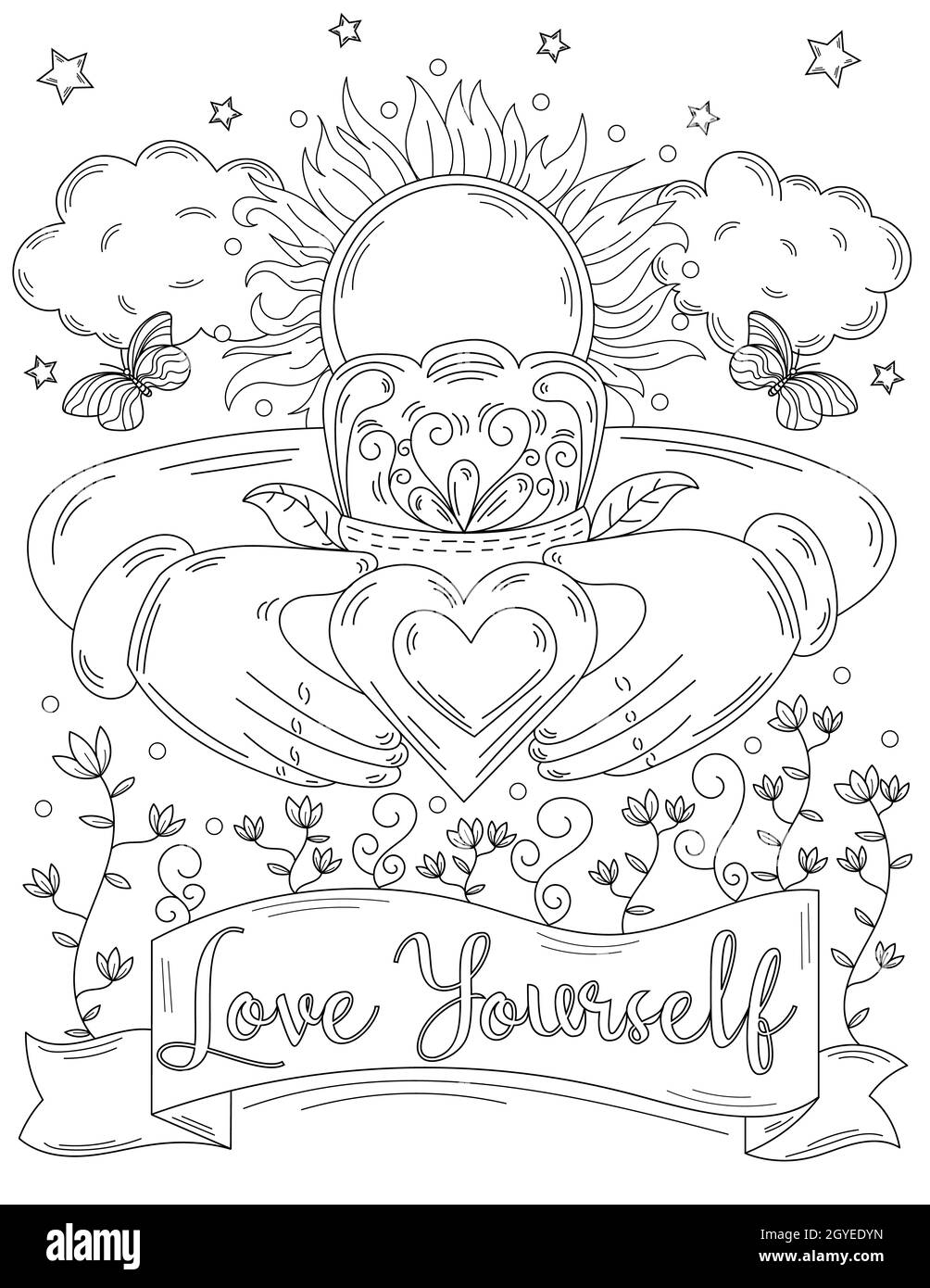 Deux mains tenant l'image de coeur avec le soleil de couronne brille au-dessus des nuages. Banque D'Images