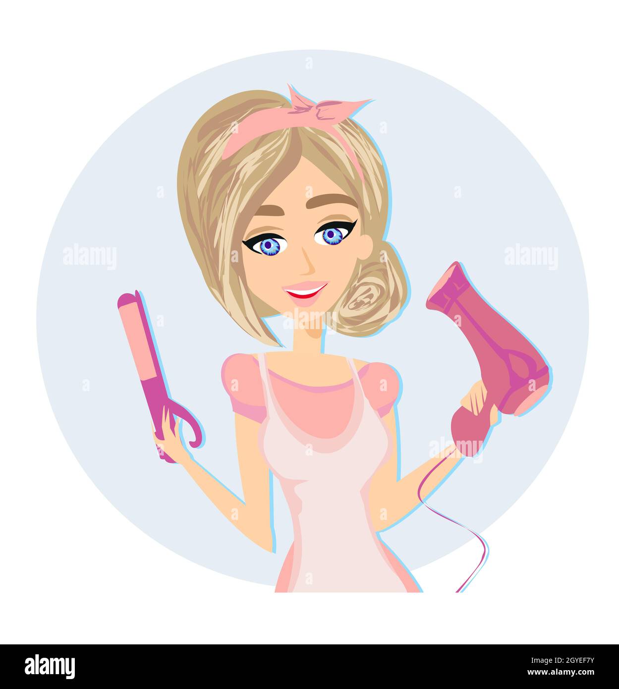 Belle Coiffeuse Avec Seche Cheveux Et Fer A Friser Dans La Main Photo Stock Alamy
