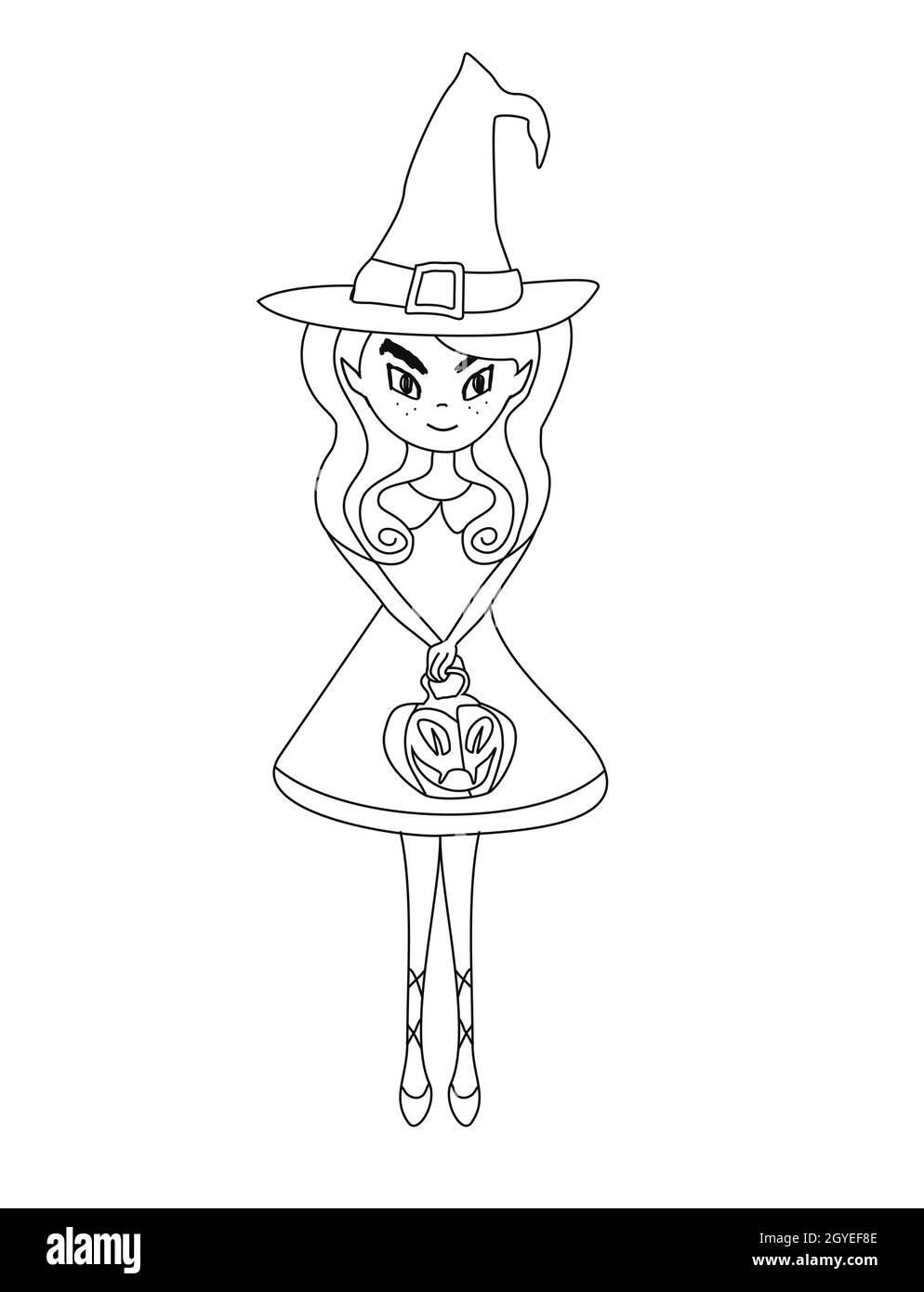 Livre de coloriage de la jolie sorcière avec la citrouille d'Halloween Banque D'Images