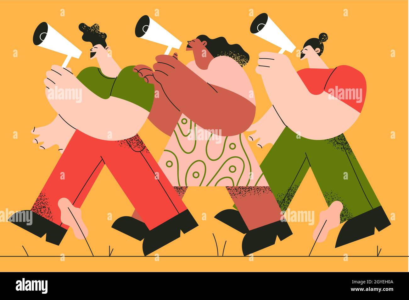 Promotion, annonce, concept de remise.Groupe de personnes marchant et criant aux mégaphones ensemble pour attirer l'attention sur le vecteur public illus Banque D'Images