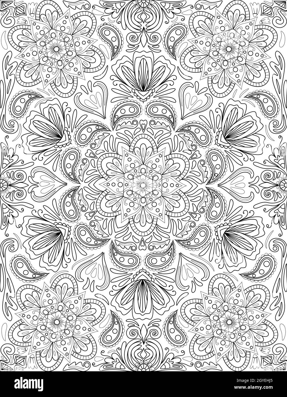 Kaléidoscope Symmétrique Mandala Flower incolore dessin de ligne Banque D'Images
