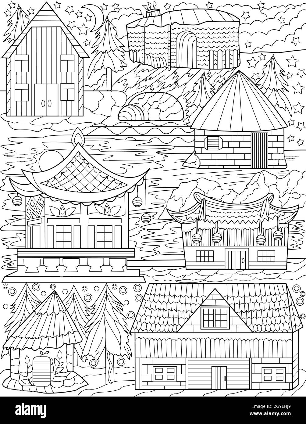 Différentes nations Old Classic House Designs coloriage Book page. Banque D'Images