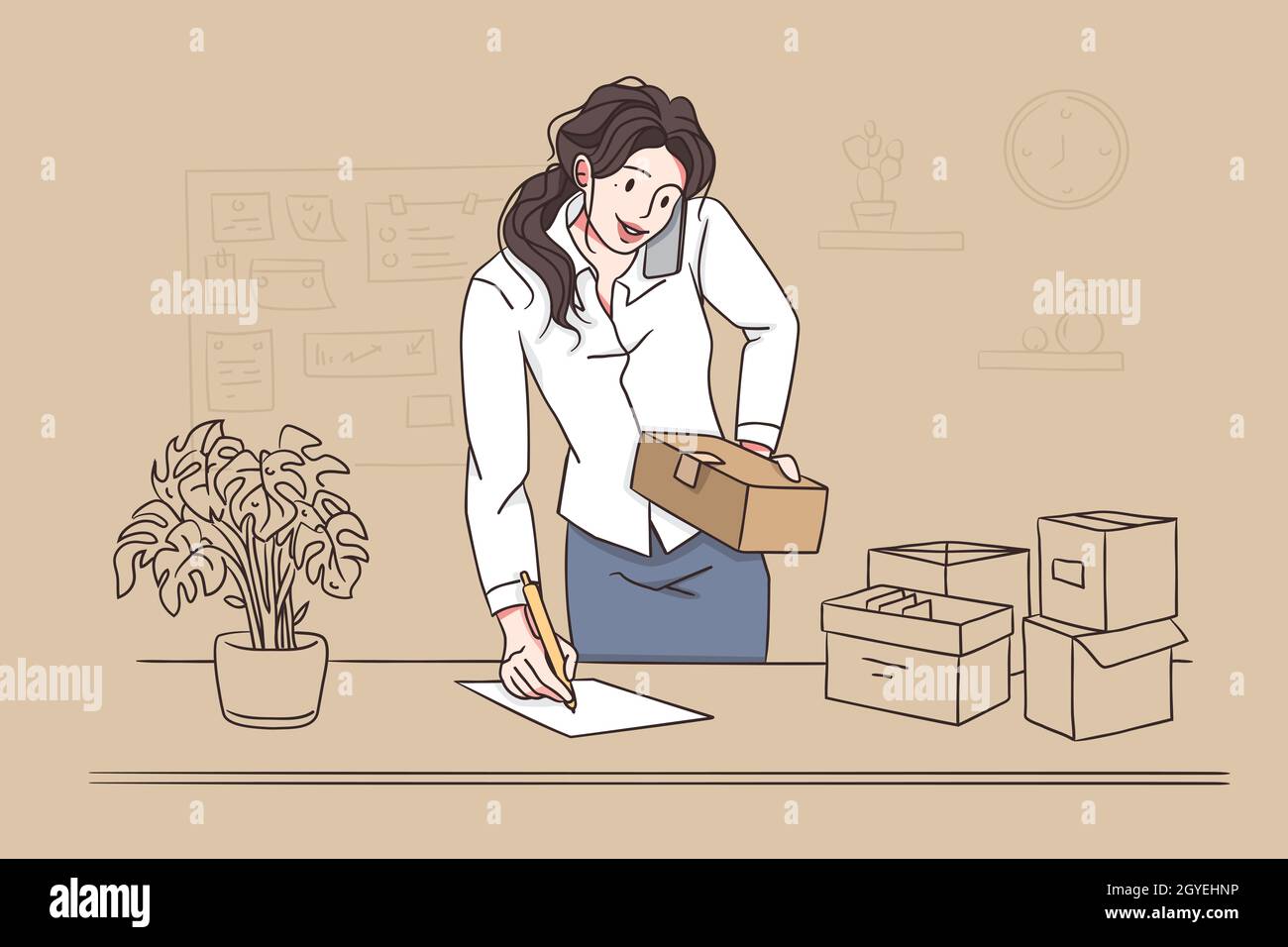 Le concept multitâche au bureau.Jeune jolie femme brune personnage de dessin animé parlant au téléphone tout en écrivant des tâches et tenant des boîtes dans des offi Banque D'Images