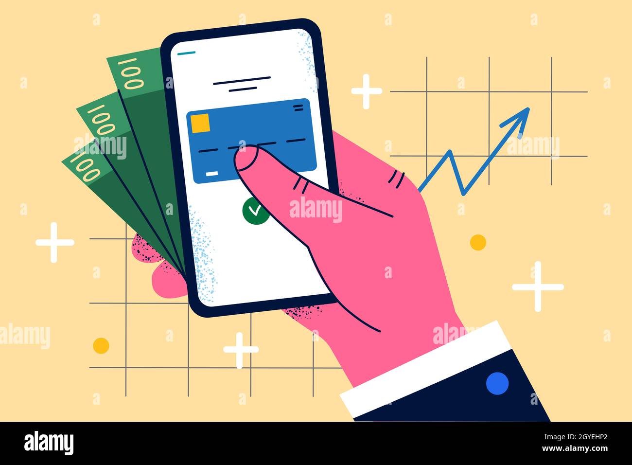 Services bancaires mobiles et gain sur Internet.Mae main tenant smartphone avec le titulaire de carte de crédit de banque informations et argent liquide vecteur de profit illu Banque D'Images