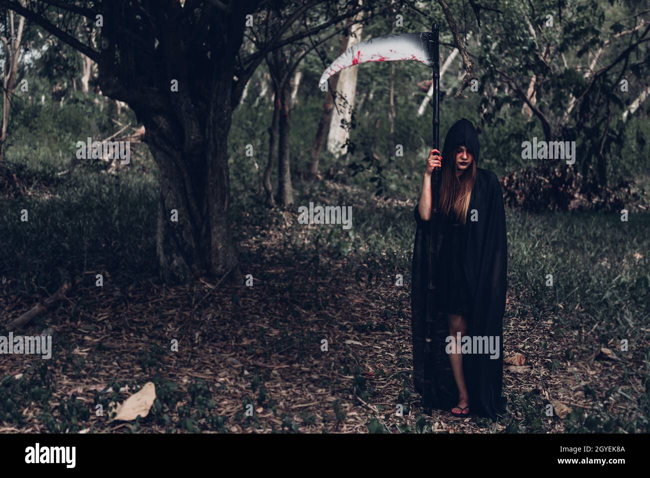 Femme horreur fantôme tenant la couche dans la forêt, Halloween concept Banque D'Images