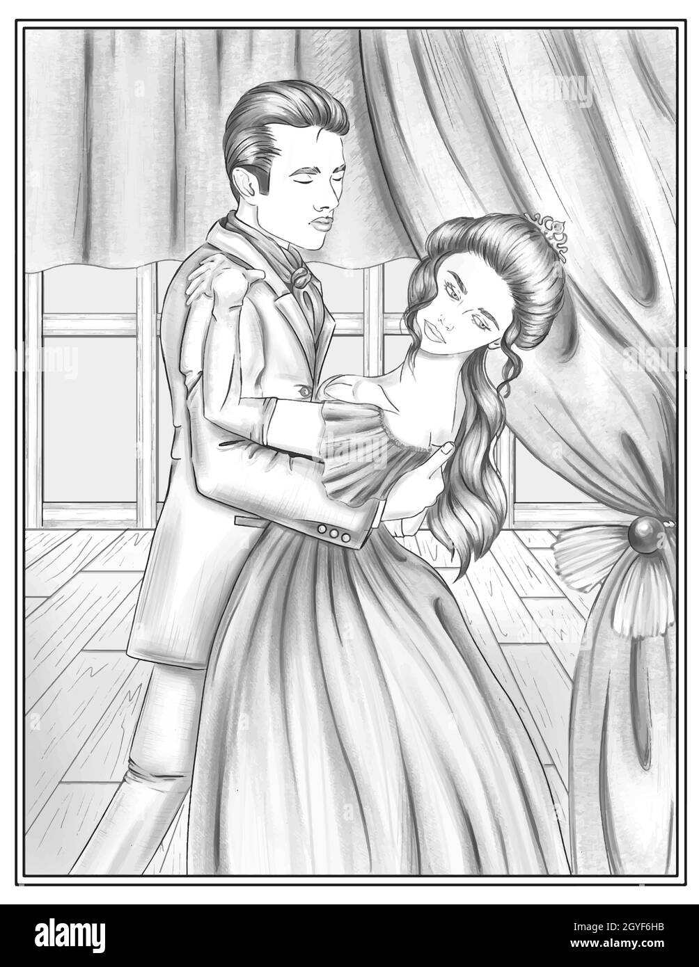 Homme en costume tenant une femme en robe Dancing Together dessin de ligne. Banque D'Images