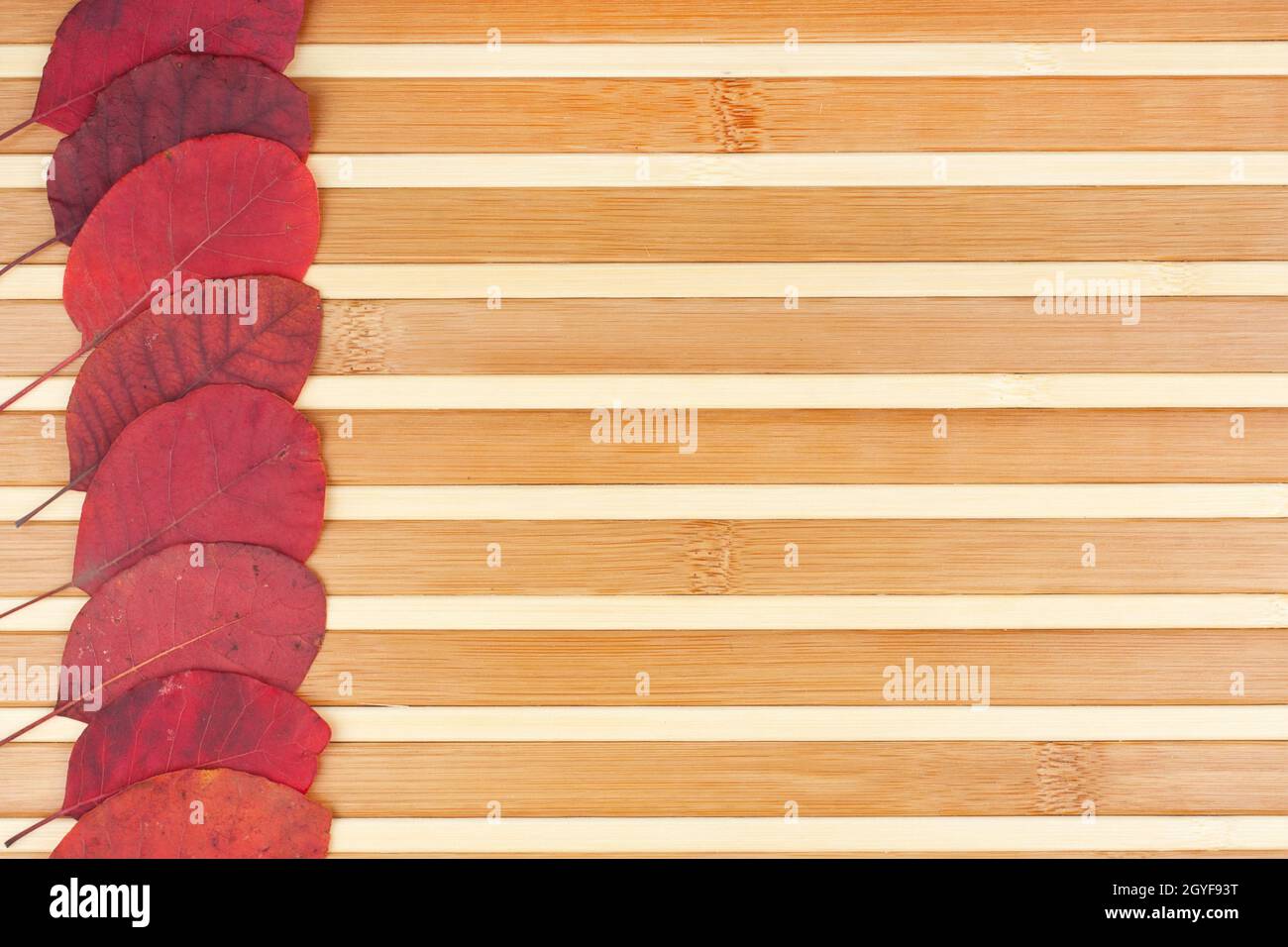 Les feuilles d'automne rouges couchés sur un tapis de bambou peuvent être utilisées comme arrière-plan Banque D'Images