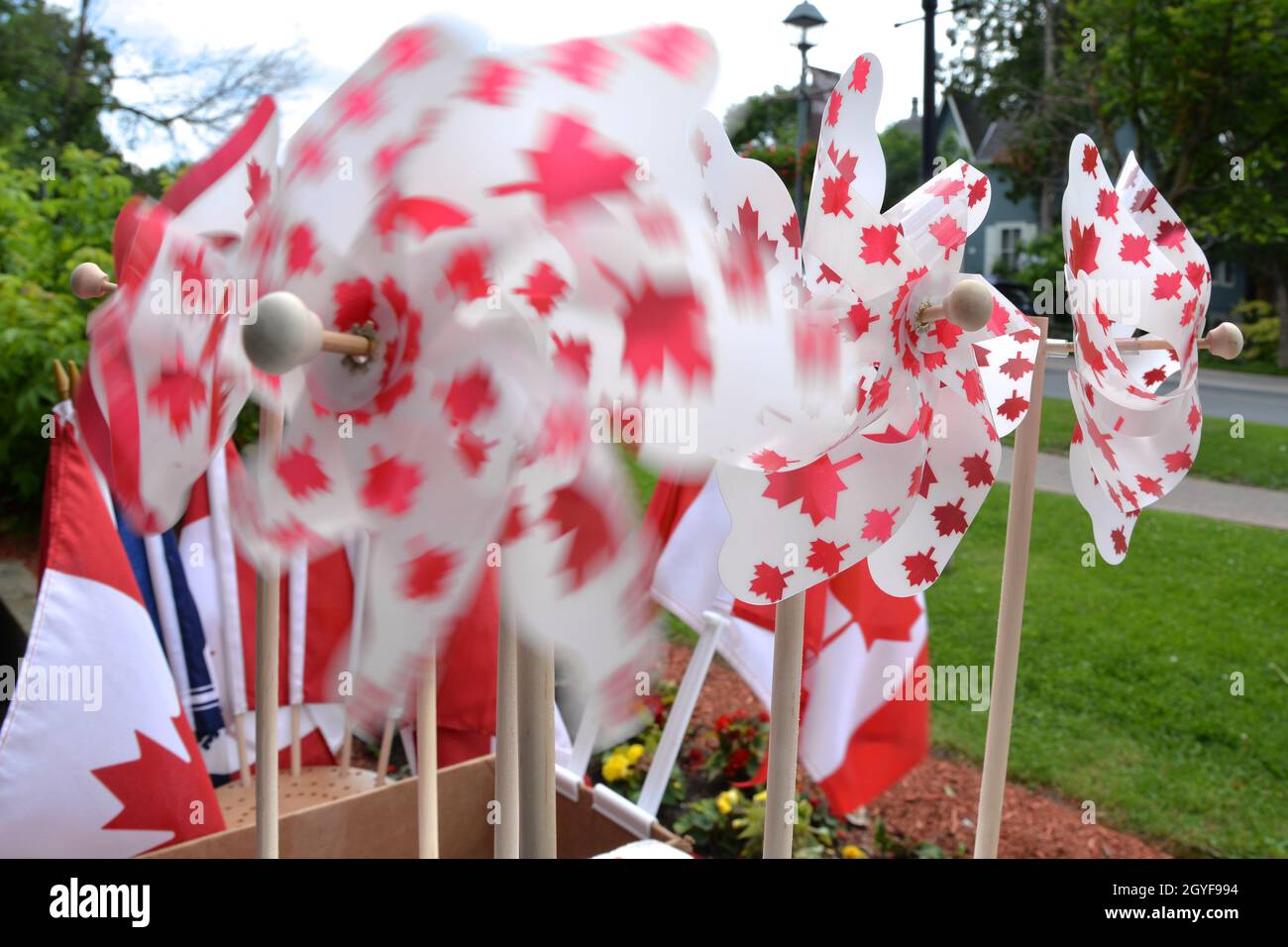 La marchandise avec le drapeau et le logo canadiens se vend à la fête du Canada Banque D'Images