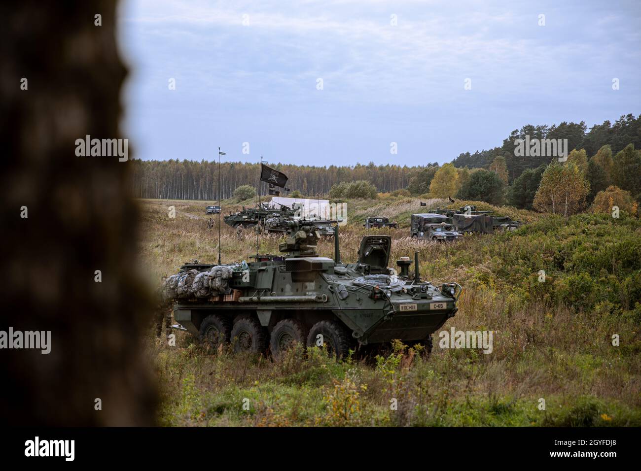 Les véhicules militaires de l'armée américaine du 3e Bataillon, 161e Régiment d'infanterie, prennent des positions défensives pendant la concentration du fusil à l'aire d'entraînement de Bemowo Piskie, Pologne, le 6 octobre 2021.Le fusil Focus est un exercice d'entraînement de force sur force dirigé par les États-Unis qui implique des alliés du groupement tactique de Pologne, soutenant deux compagnies d'infanterie américaines.Cet exercice mesure les tactiques de commandement, de contrôle et de manœuvre pour soutenir l'alliance de l'OTAN.(É.-U.Photo de l'armée par la SPC.Osvaldo Fuentes) Banque D'Images