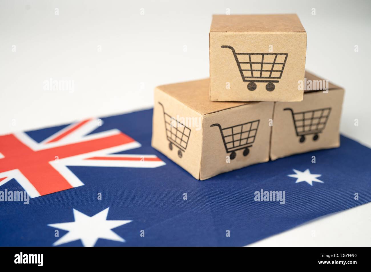 Boîte avec le logo du panier et le drapeau de l'Australie, Import Export Shopping en ligne ou eCommerce service de livraison de financement magasin d'expédition de produit, commerce, sup Banque D'Images